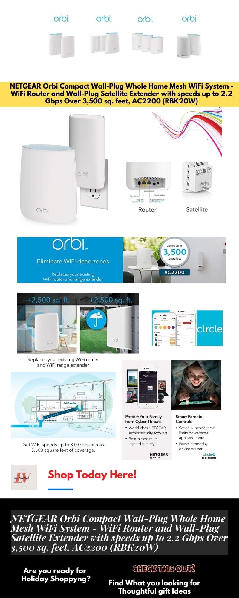 NETGEAR Orbi Compact Wall-Plug Whole Home Mesh WiFi System - WiFi Router and Wall-Plug Satellite Extender with speeds up to 2.2 Gbps Over 3,500 sq. feet, AC2200 (RBK20W)