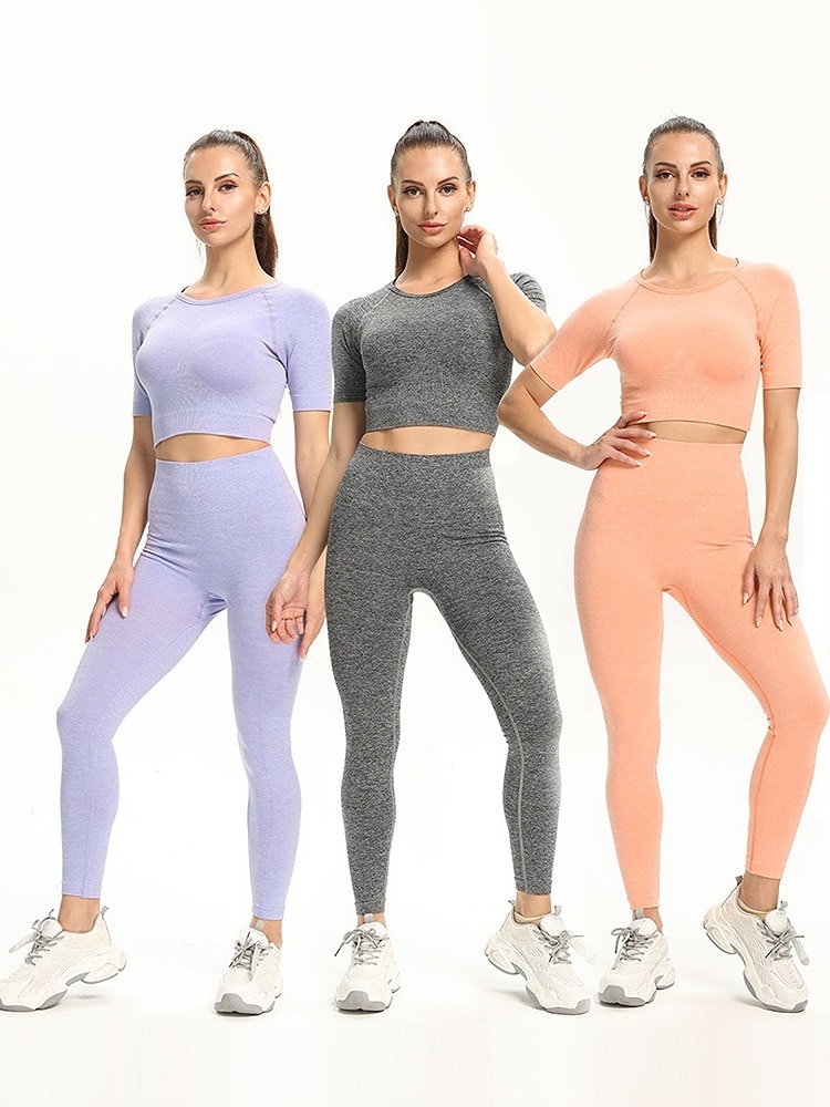 2022New Popular Solid color Seamless Yoga suit High Waist Breathable Trousers Sexy Crop Top Short Sleeve Tracksuit gym set women