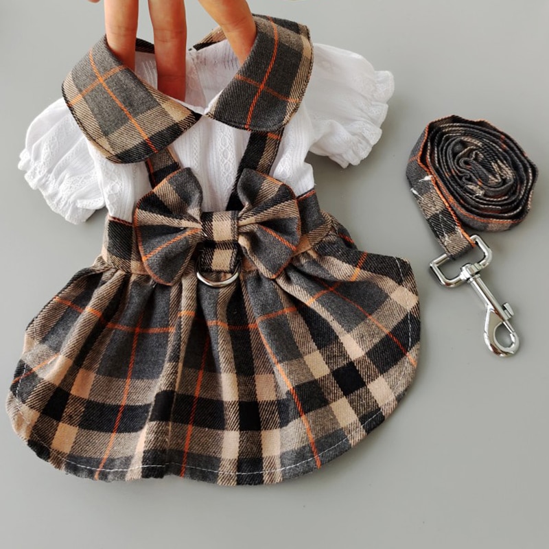 Comfortable Princess Style Plaid Skirt With Leah Cute Bowknot Doll Collar Dog Dress Clothes For Small Dogs Pet Puppy Costumes