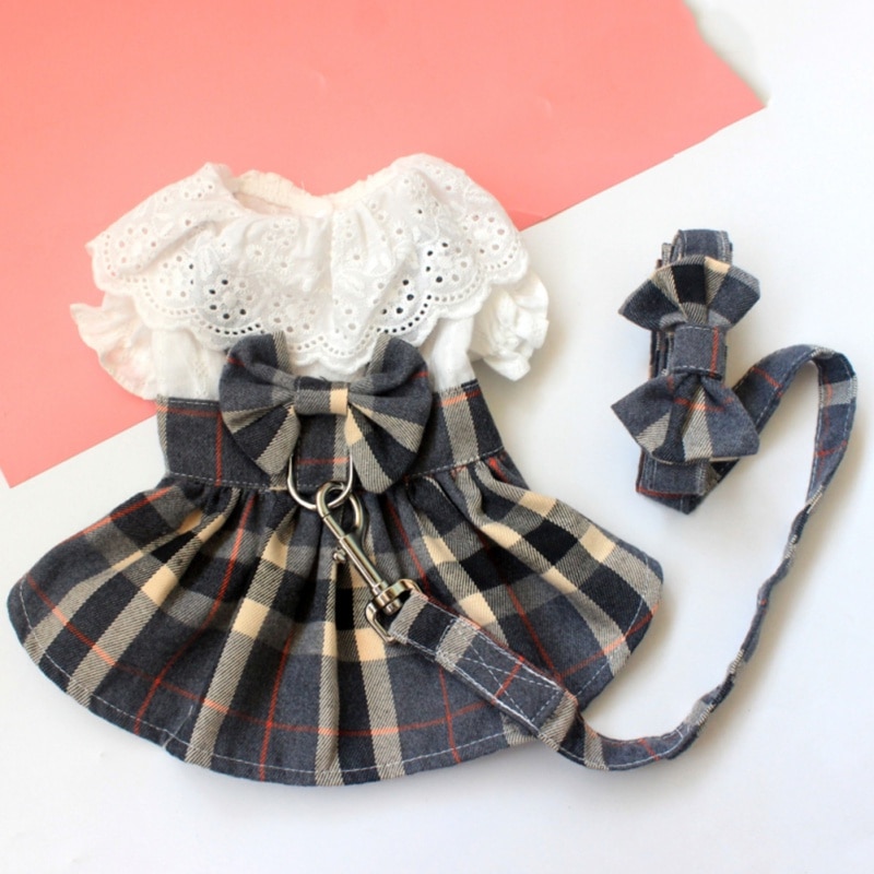 Dog Clothes Dog Dress Plaid Skirt With Big Bowknot Pet Harness With Leash Set For Girls Small Medium Chihuahua Dog Clothing