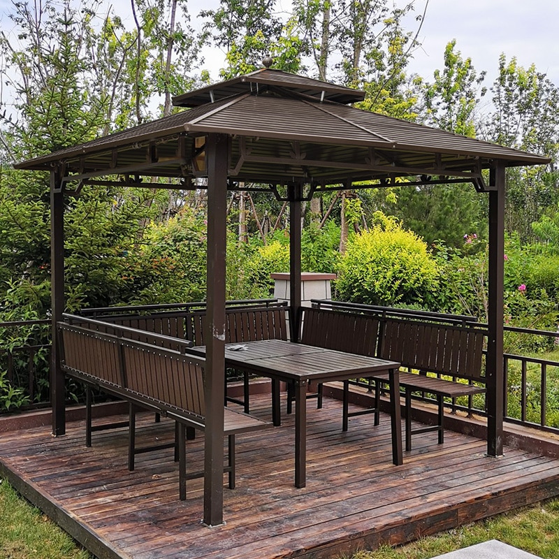 3 by3m Iron Hardtop Cabana Sunroom Permanent Gazebo Cabana with Ps wood table and benches durable Pergola all weather best sale