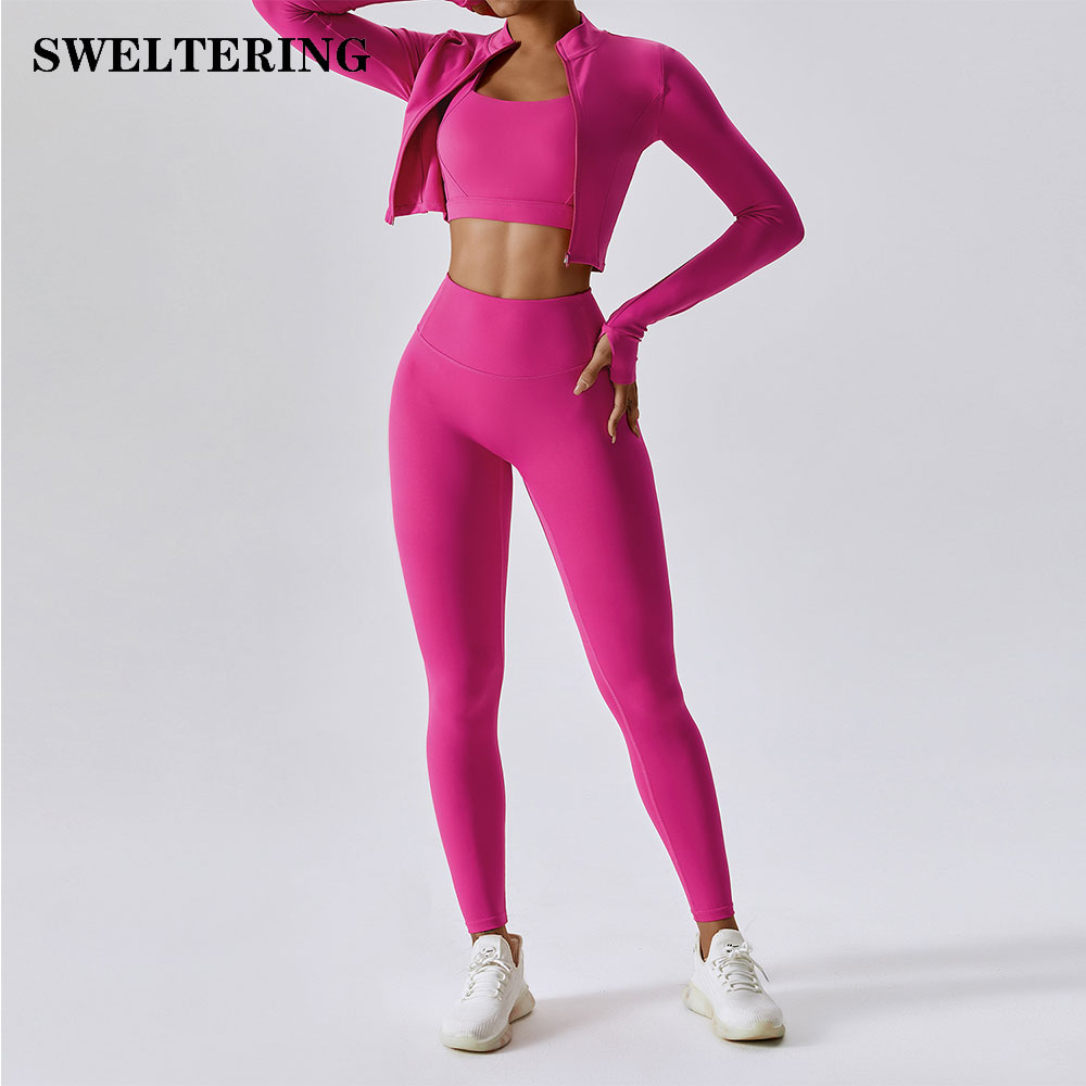 3 Pieces Women Tracksuit Yoga Set Workout Sportswear Gym Clothing Fitness Long Sleeve Crop Top High Waist Leggings Sports Suits