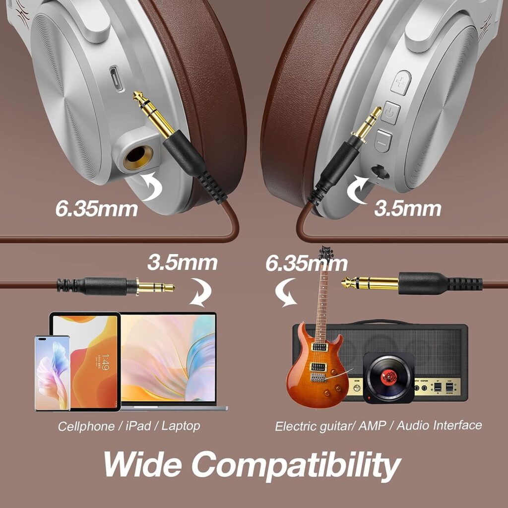 OneOdio A70 Bluetooth Over Ear Headphones, Wireless Headphones w/ 72H Playtime, Hi-Res, 3.5mm/6.35mm Wired Audio Jack for Studio Monitor  Mixing DJ E-Guitar AMP, Computer Laptop PC Tablet - Silver