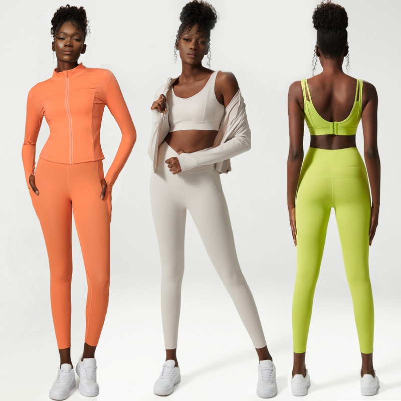 2/3 Pieces Fitness Yoga Set Women Solid Color Running Gym Suit Long Sleeve Jacket Sexy Bra High Waist Leggings Workout Sportswea