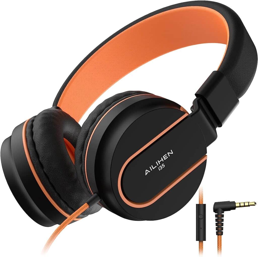 AILIHEN I35 Kids Headphones for School Wired Headphone with Microphone Volume Limited 93dB Children Girls Boys Teen Lightweight Foldable Headsets for Travel Chromebook Cellphone Tablets (Black/Orange)