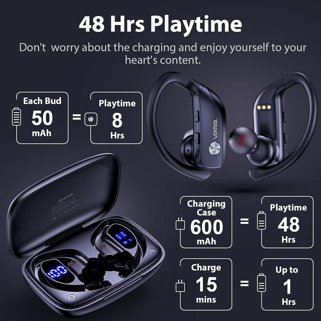 bmanl Wireless Earbuds Bluetooth Headphones 48hrs Play Back Sport Earphones with LED Display Over-Ear Buds with Earhooks Built-in Mic Headset for Workout Black BMANI-VEAT00L