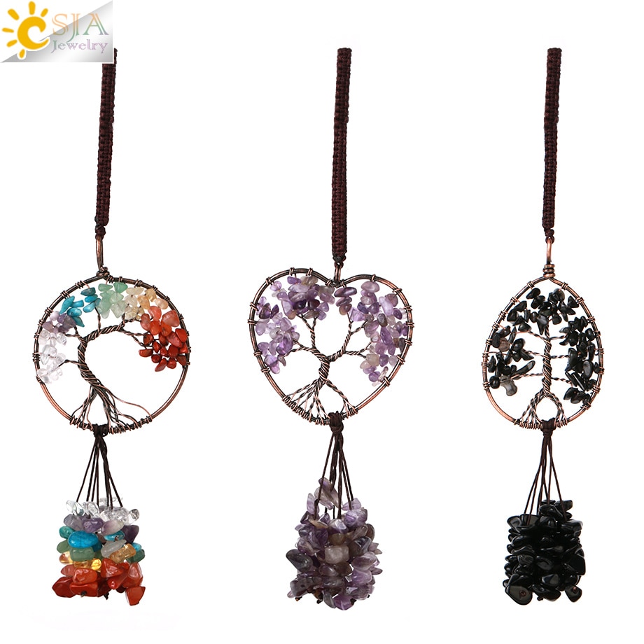 CSJA Natural Crystal Stone Tree of Life Keychain Pendant 7 Chakra Hanging Copper Wire Wrap Round Love Heart Key Ring Holder G790