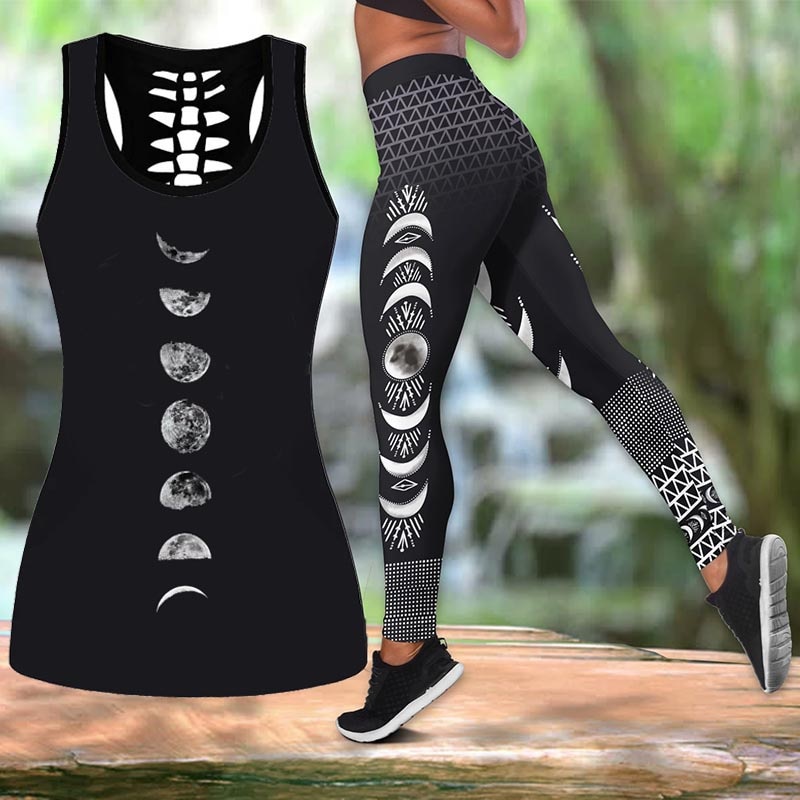 Moon Phase Yoga Wear Active Wear Printed 3D Tank Top & Leggings Shirt Sleeveless Hollow Out Tank Top and High Waist Leggings
