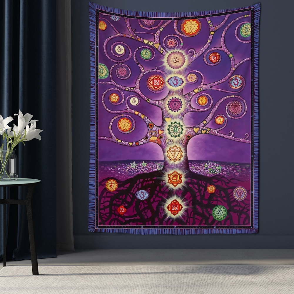 Seven Chakra Tree of Life Tapestry Fortune Tree Totem Background Tapestry Wall Hanging Bohemian Style PsychedelicTaro Home Decor