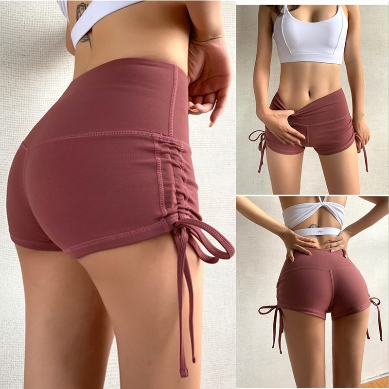 Sports Shorts Women Drawstring Large Size High Elastic Tights Peach Hip Straps Buttocks Short Female Yoga Runing Cycling Fitness