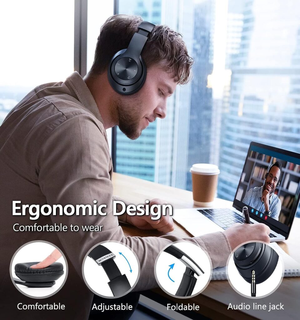Tuitager Bluetooth Headphones Over-Ear, 60 Hours Playtime Foldable Lightweight Wireless Headphones Hi-Fi Stereo with 6 EQ Modes, Bass Adjustable Headset with Built-in HD Mic, FM, SD/TF for PC/Home