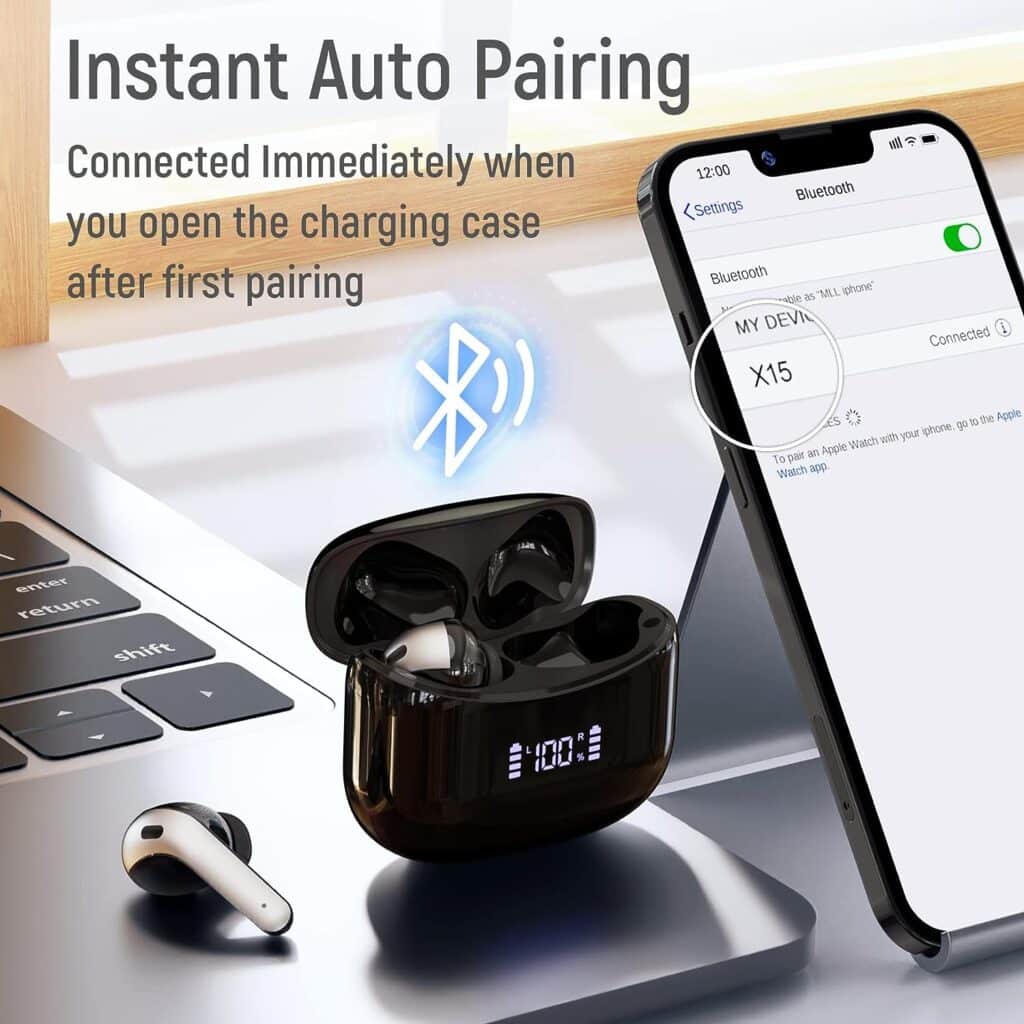 Wireless Earbuds Bluetooth Headphones 60H Playtime Ear Buds with LED Power Display Charging Case Earphones in-Ear Earbud with Microphone for Android Cell Phone Gaming Computer Laptop Sport Black