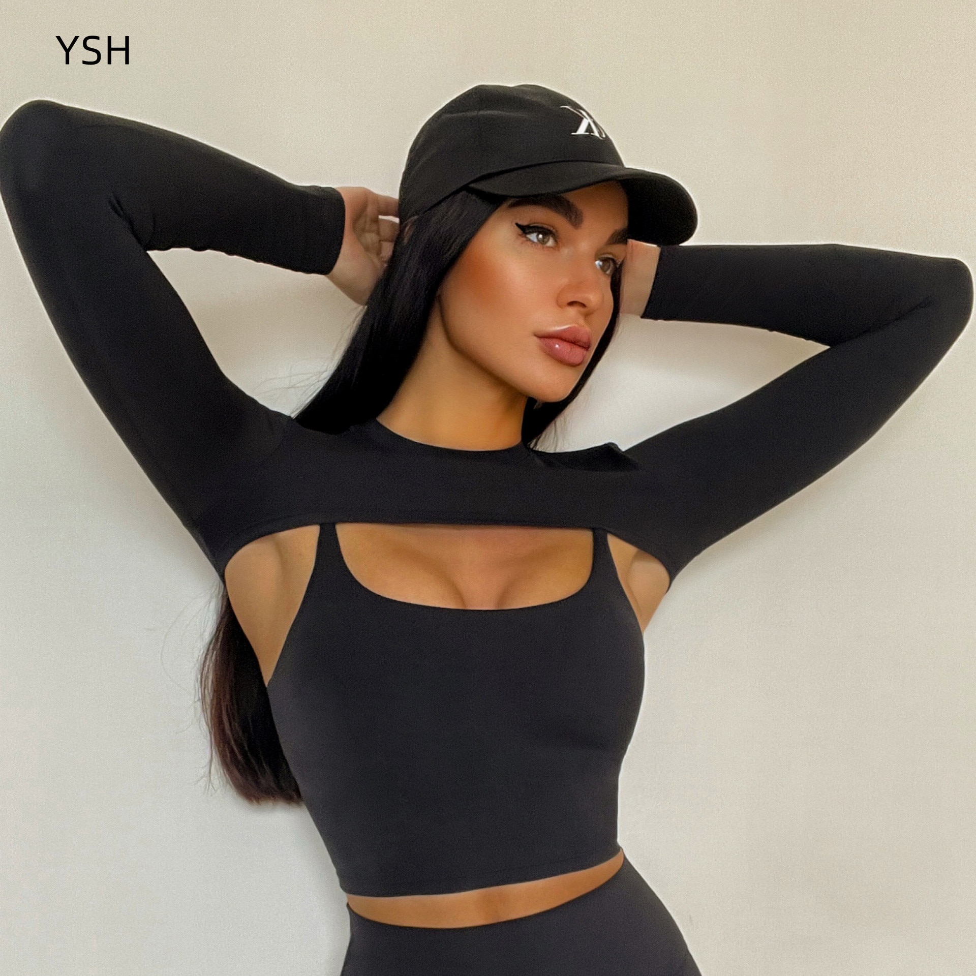 YUSHUHUA Women Long Sleeve Yoga Shirts Fitness Crop Top Running Tight Sports Shawl Quick Dry Workout Clothes