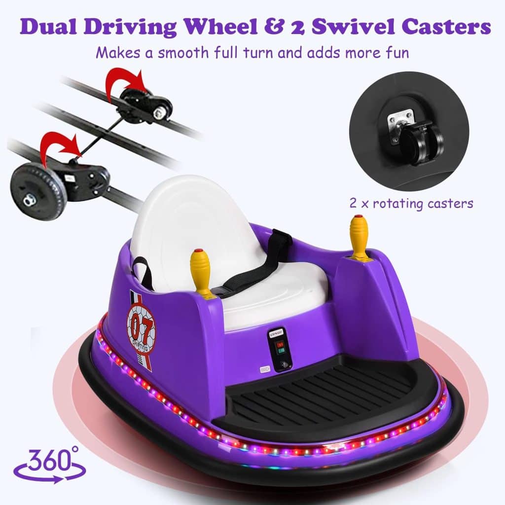 Costzon Bumper Car for Kids, 6V Battery Powered Electric Vehicle w/Remote Control, Safety Belt, Music, Flashing Lights, Joystick, 360 Degree Spin, 2 Driving Modes, Ride on Car for Boy Girl (Purple)