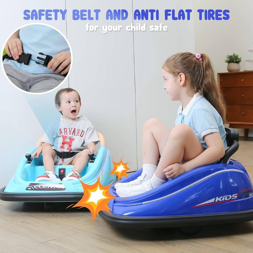 ELEMARA Bumper Car for Toddlers, 12V Electric Ride On Car Baby Bumper Car with 2 Driving Modes, Remote Control, Safety Belt,LED Lights and DIY Stickers , Kids, Large, Blue