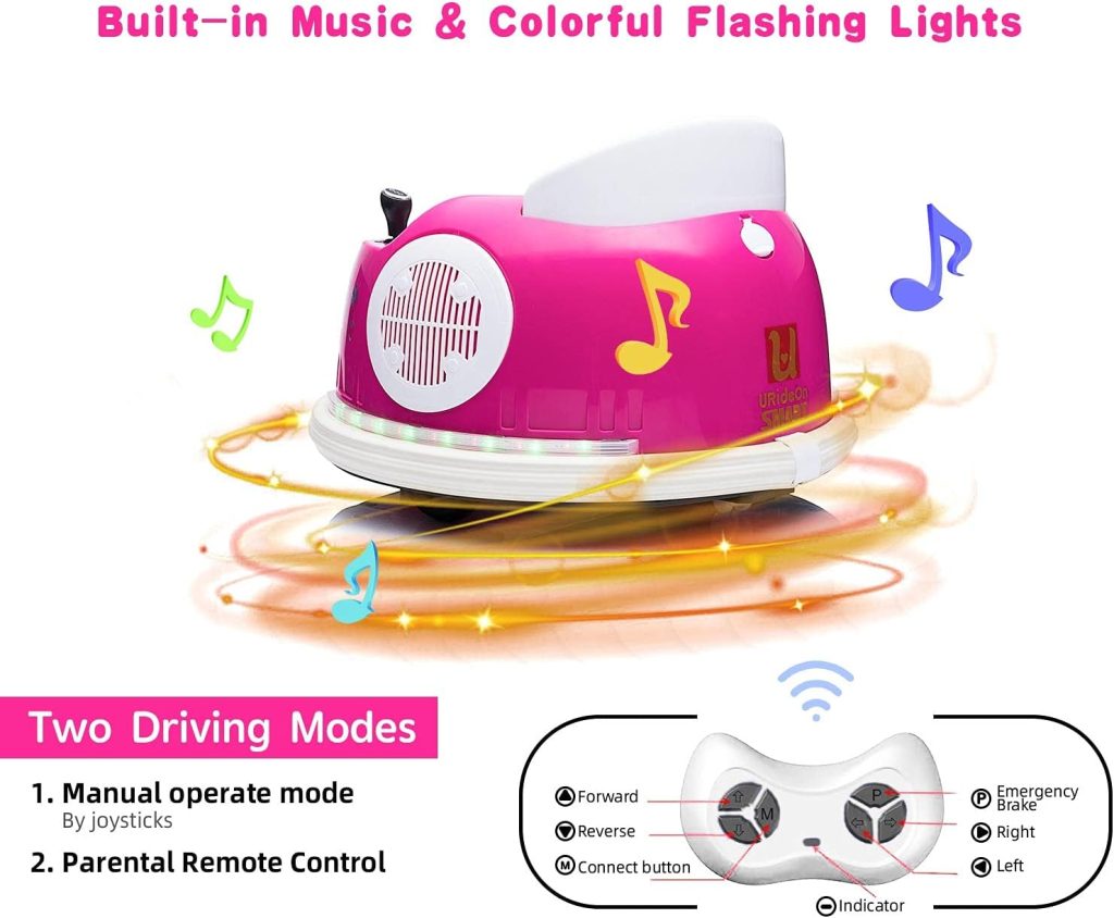 u URideon 12V Electric Ride On Bumper Car for Kids and Toddlers,2-Speeds, Parent Remote Control, 360 Degree Spin, Lights, Sounds (Pink)