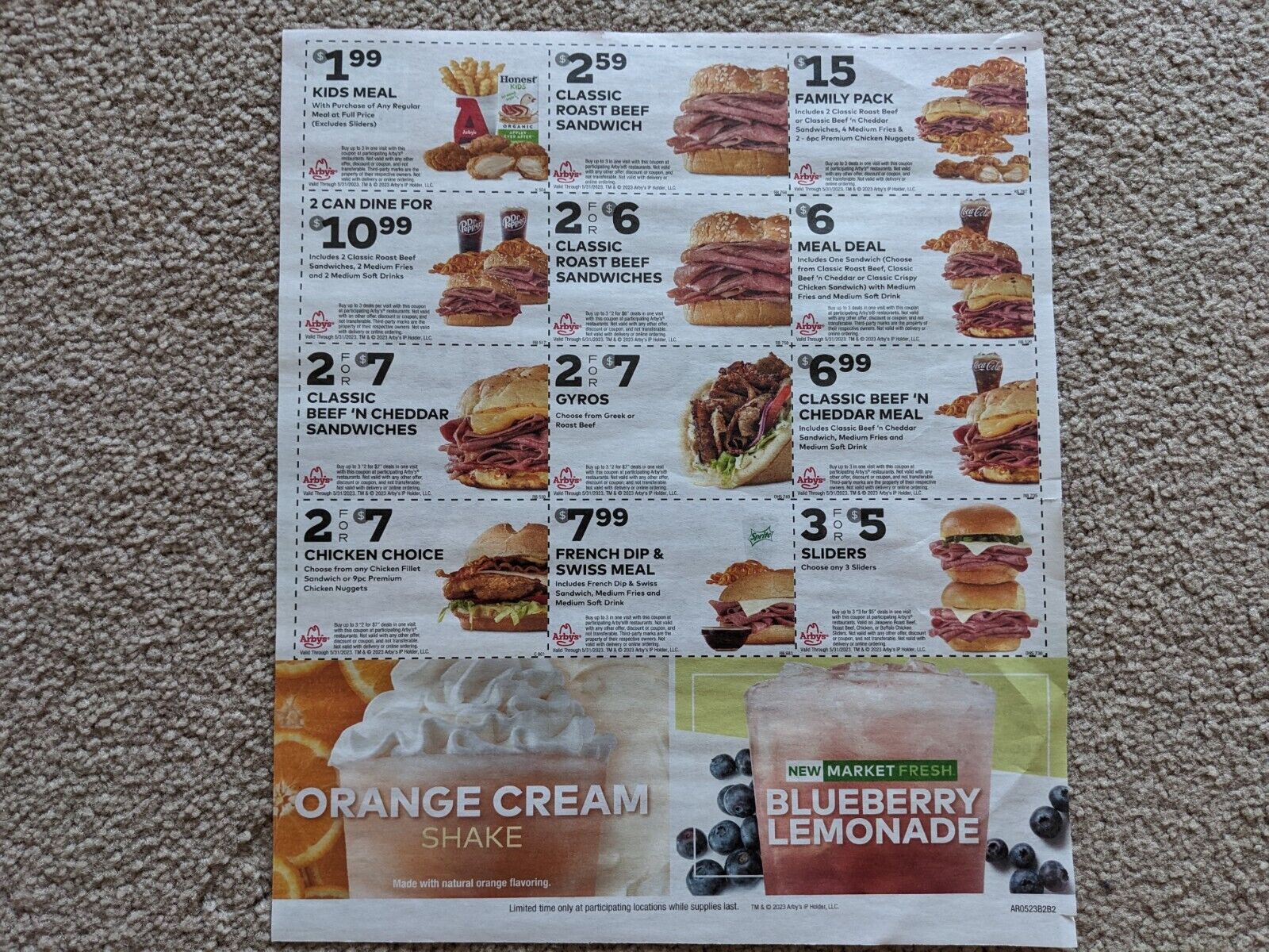 Arby's Coupons - Sheet of 15 Coupons - Arby's Beef Sandwiches - Expire 5/31/2023