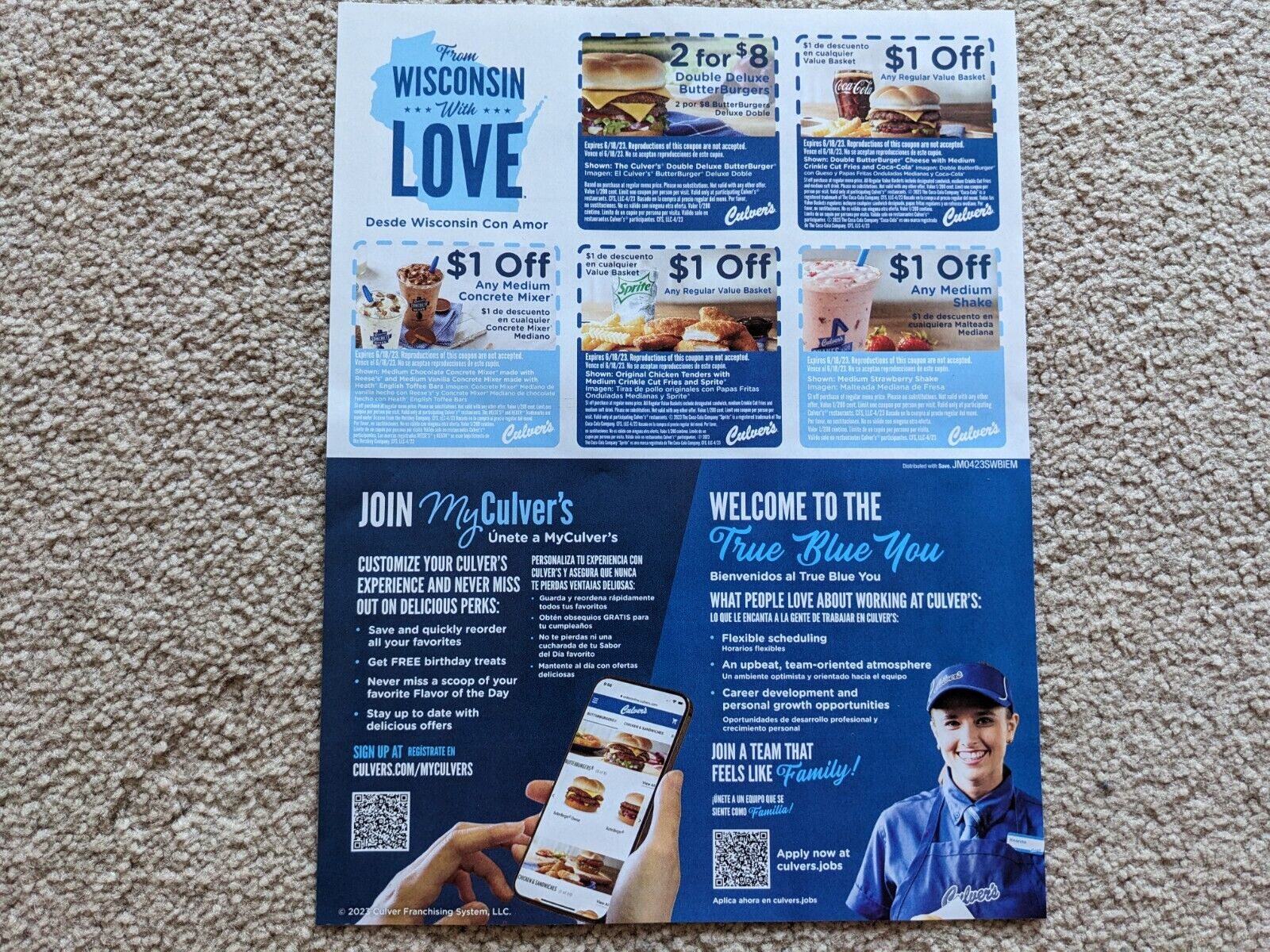 Culver's Coupons - Sheet of 5 Coupons - Coupons Expire on 6/18/2023