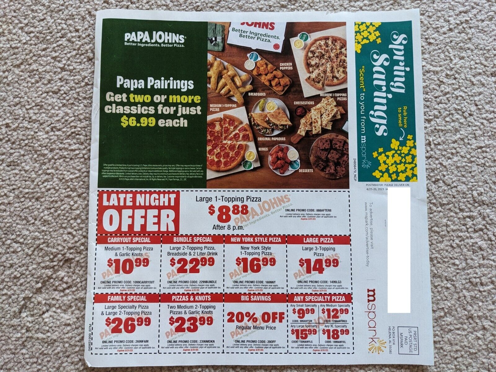 Papa John's Pizza Coupons - Sheet of 9 Coupons - Coupons Expire on 5/31/2023
