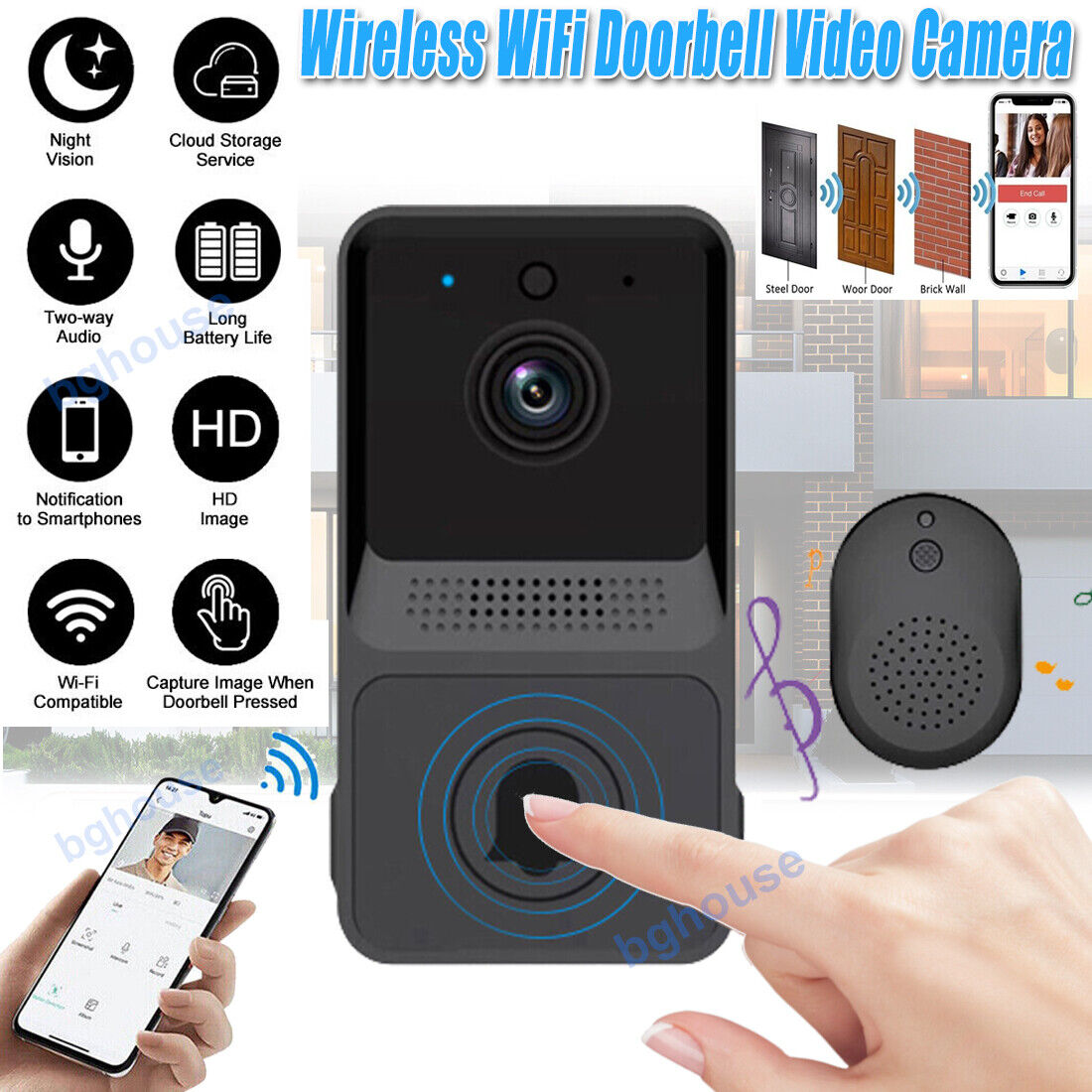 Smart Wireless WiFi Doorbell Camera Phone Door Ring Video Intercom Security Bell