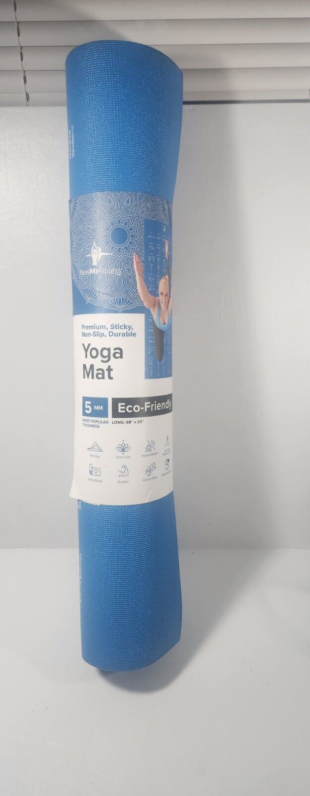 NewMe, Fitness Instructional Yoga Mat, Printed w/ Illustrated Poses, Blue