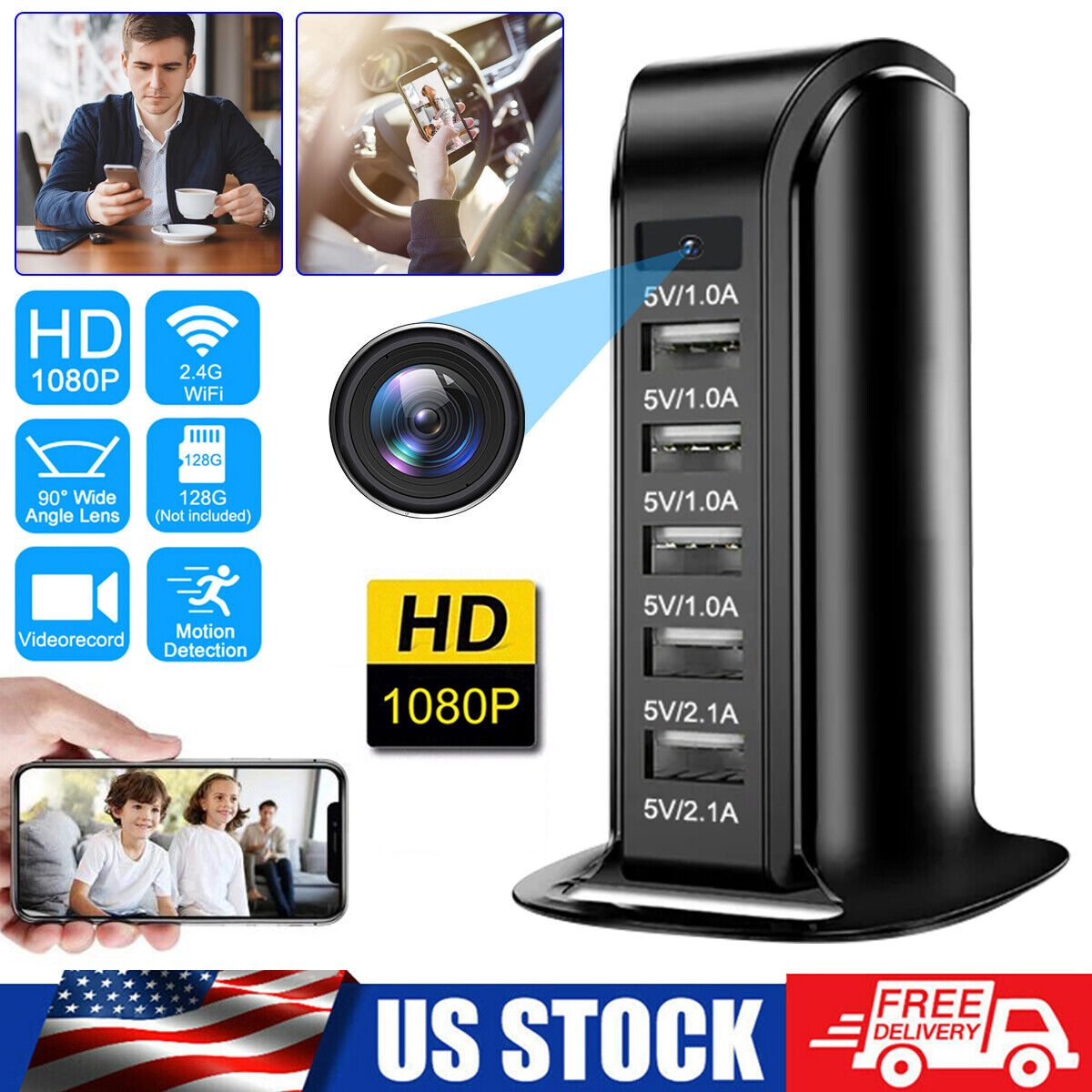 HD WiFi Camera Multi Port USB Charger Motion Detection Security 1080P Mini Cam