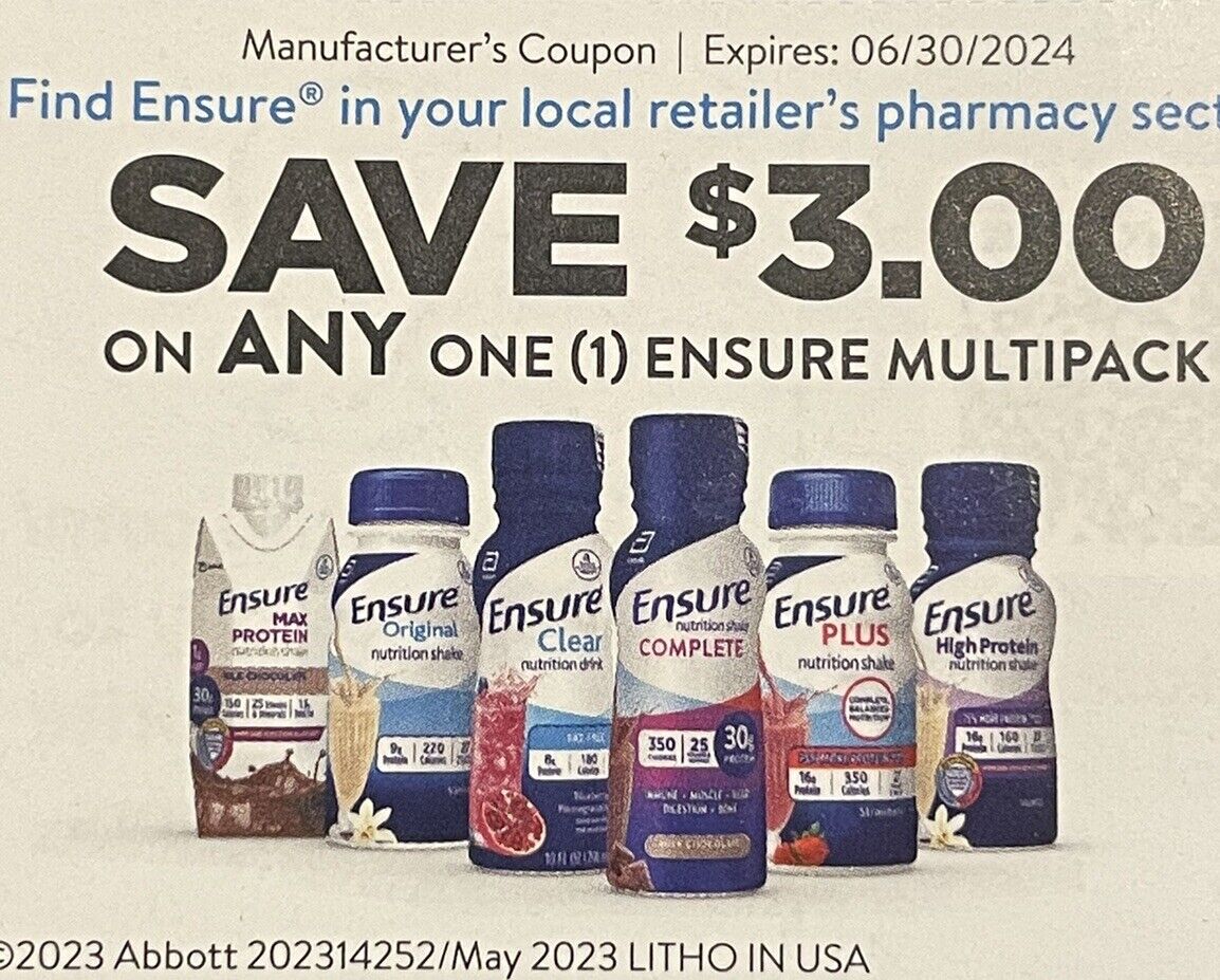 1 lot of 24 $3 Off Any Ensure Multipack Savings of $72 in Coupons Exp 6/30/24
