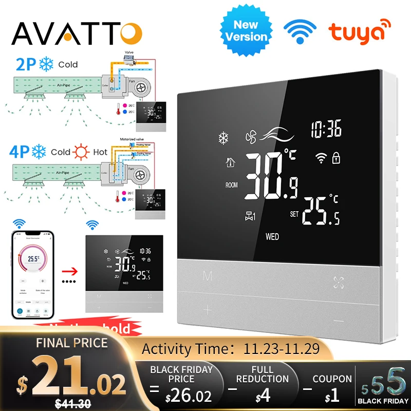 AVATTO Tuya WiFi Smart Central Air Conditioning Thermostat Switch Heating Cool 3 Speed Fan Coil Unit Work With Alexa Google Home