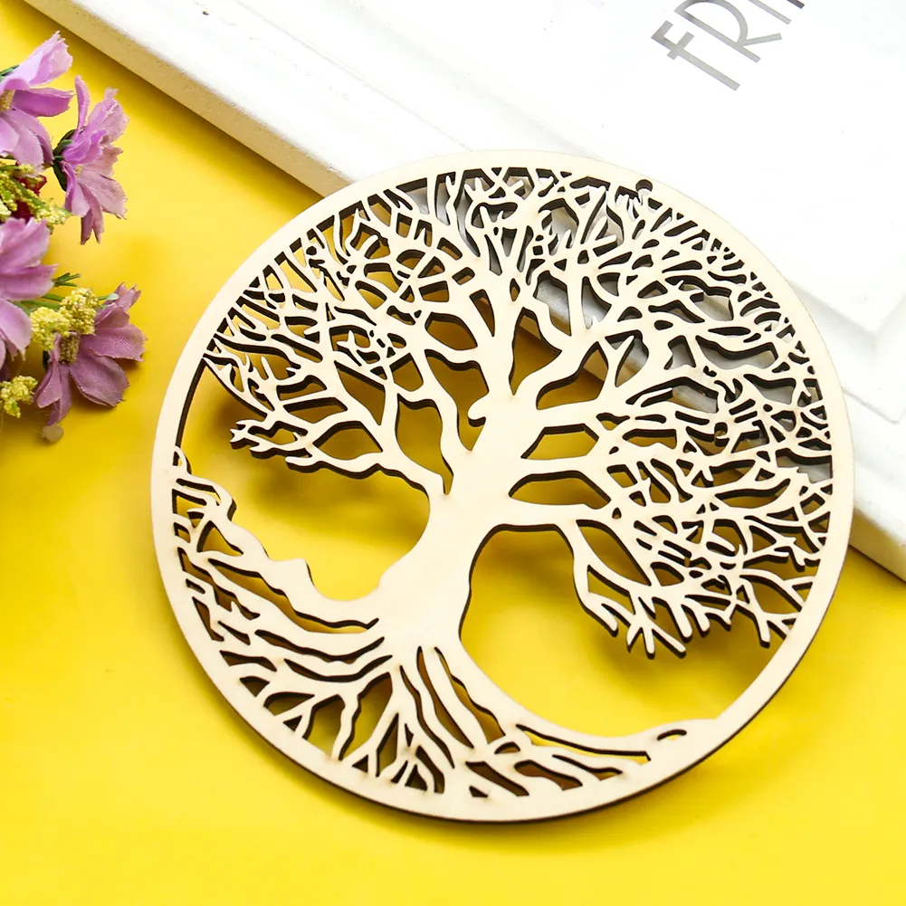 Craft Cup Mat Wood Tree of Life Wall Hanging Laser Wooden Art Sacred Ornament Yoga Meditation Jewelry Holder Pendant DIY Decor