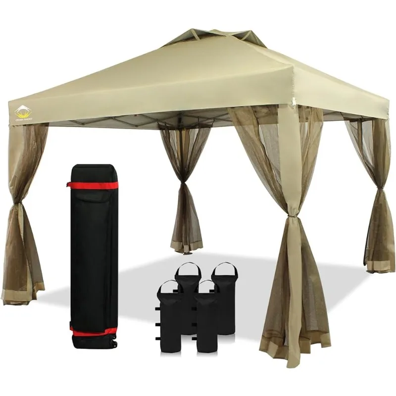CROWN SHADES 10x10 Pop Up Canopy Including 4 Removable Nettings Wheeled Storage Bag, （Beige/Blue/Coffee）optional