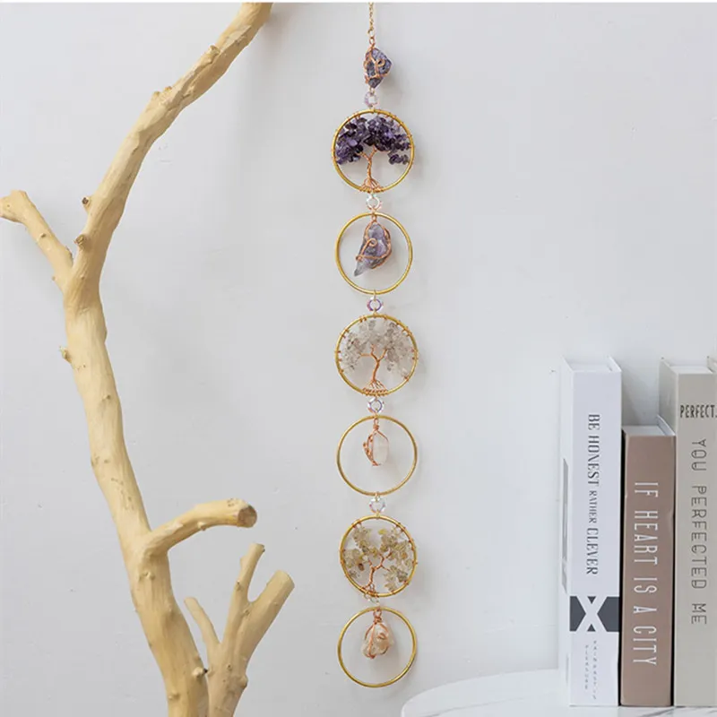 Crystal Dream Catcher Tree of Life Wall Hanging Decor 7 Chakra Natural Gemstone Stones Meditation Reiki Feng Shui Home Ornaments