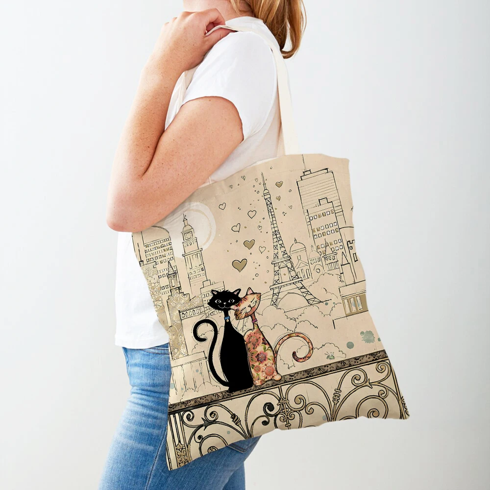 Cute Elegant Black Cat Women Shopper Bag Tote Handbag Pet Animal Print Canvas Cloth Both Sided Lady Shoulder Shopping Bags