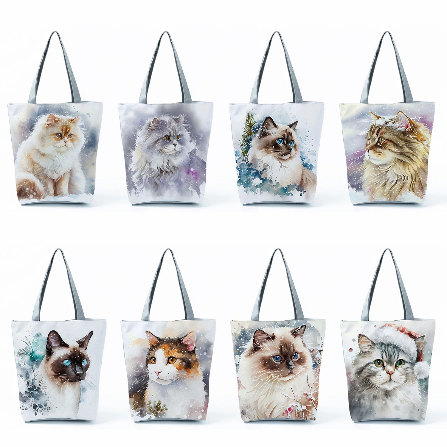 Cute Watercolor Cat Print Handbags High Capacity Casual Women Tote Bags Pretty Cartoon Shopping Bags Foldable Travel Beach Bags