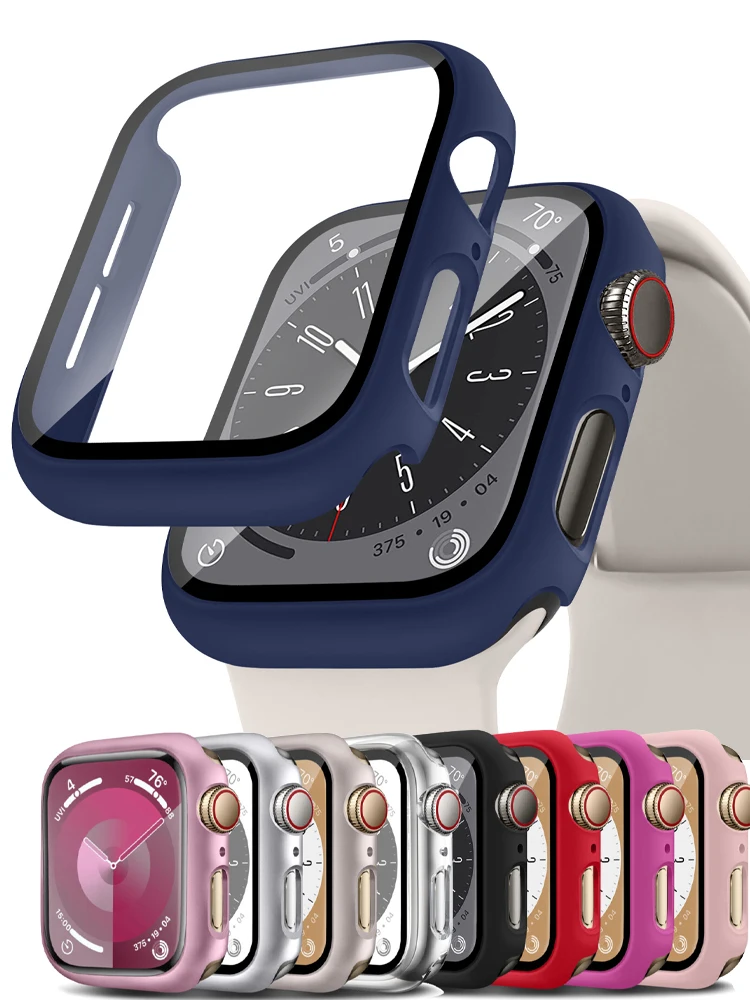 For Apple Watch Case 45mm 41mm 44mm 40mm 42mm 38mm Cover Bumper with Tempered Glass Screen Protector iWatch Series 9 8 7 6 5 SE