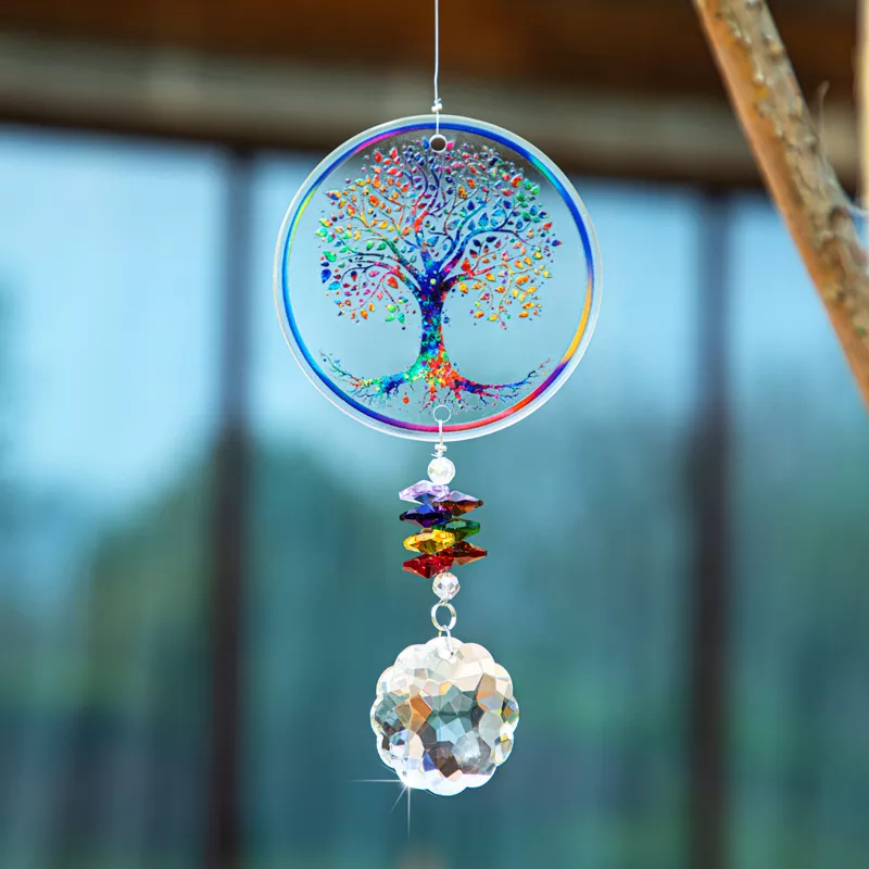 H&D Chakra Tree of Life Suncatcher Handmade Crystal Mandala Prism Decor Window Car Wall Art Hanging Ornament for Home Office