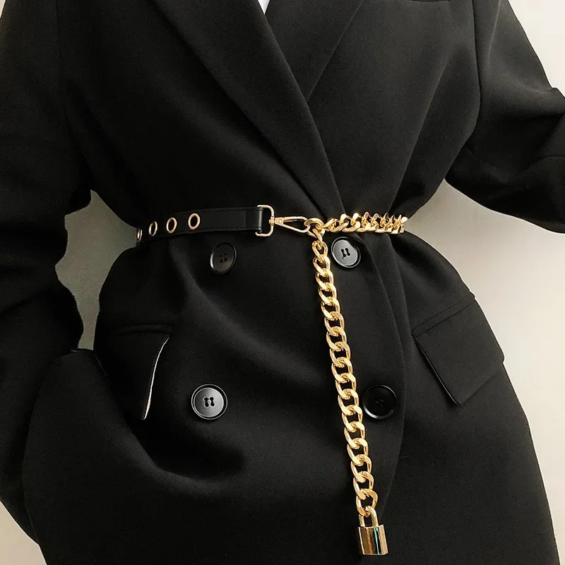 High Quality PU Leather Fashion Ladies Punk Style Chain Thin Belt Suit Dress Decoration Belts for Women Luxury Designer Brand