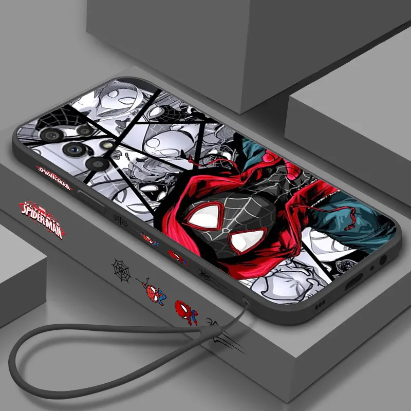 Marvel Avengers SpiderMan Art For Samsung A53 A52 S A33 A32 A51 A71 A21S A13 A73 A50 A72 A23 A12 5G Liquid Left Rope Phone Case
