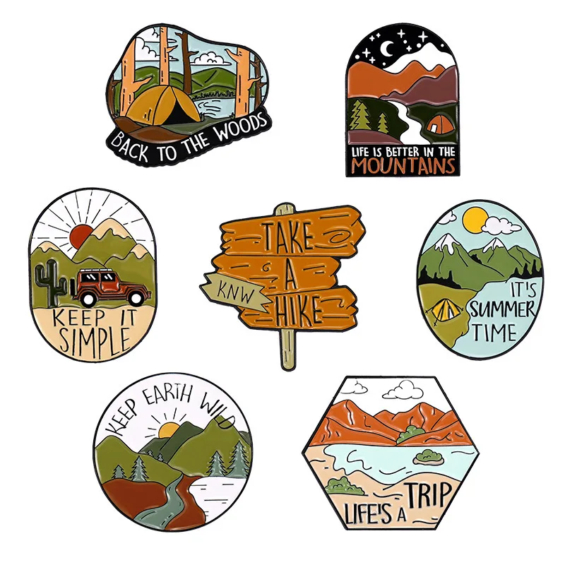 Outdoor Travel Cartoon Brooch Guide Plate Mountain River Lake Travel Clothing Metal Badge Pin Fashion Accessories Jewelry gift