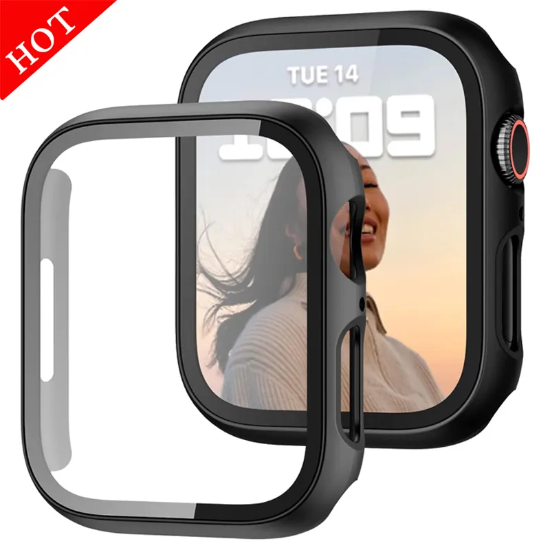 Tempered Glass+cover For Apple Watch 9 8 44mm 40mm 42mm 38mm 41mm 45mm PC bumper Screen Protector Case iWatch series 7 6 5 3 se