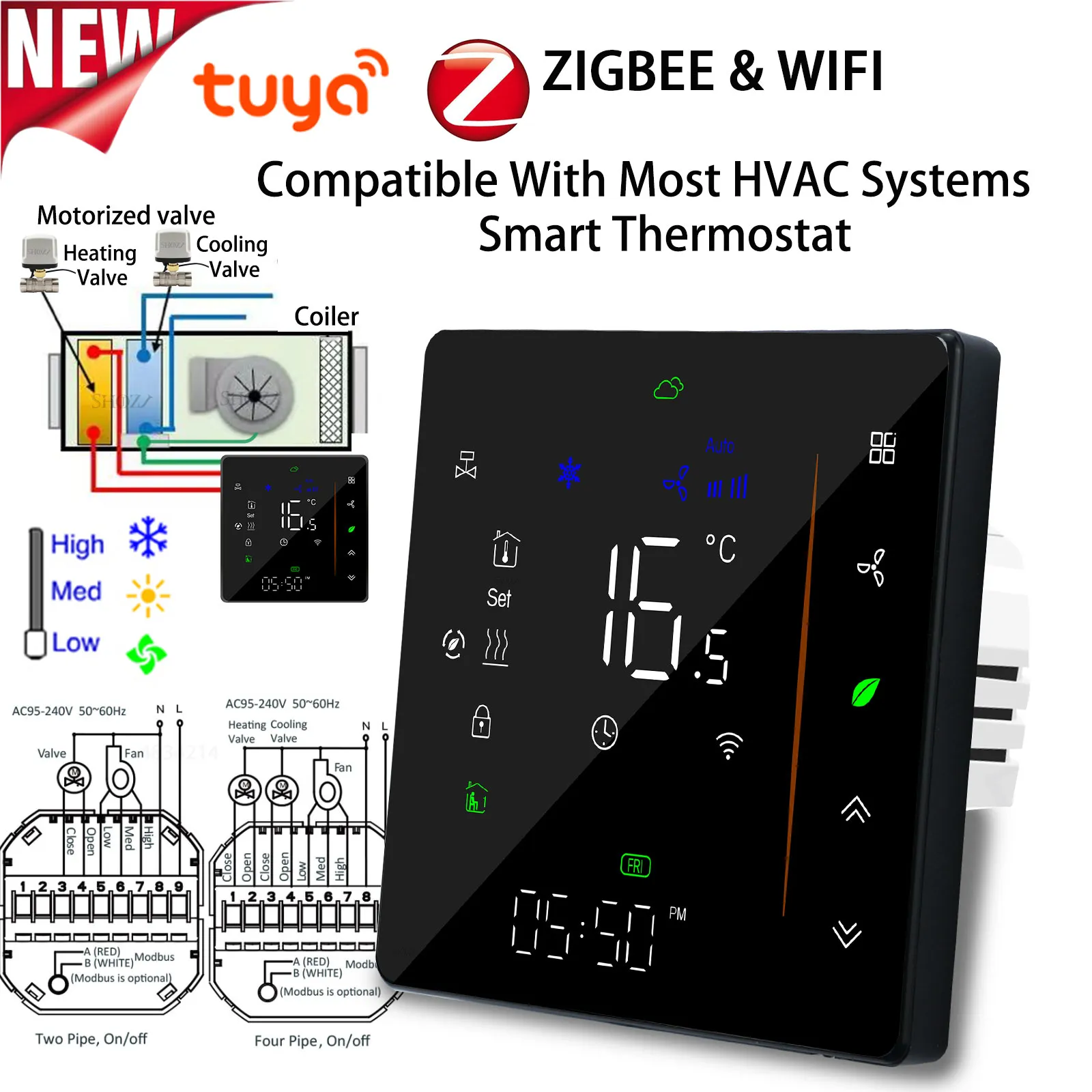 Tuya ZigBee Digital Display Smart Temperature Controller Hvac Thermostat 3 Speed Heating Cooling for Air Conditioning Controller