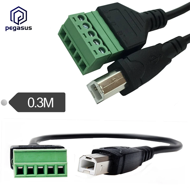 USB 2.0 B Male Plug to 5 Pin/Way Female Bolt Screw Shield terminals Pluggable Adapter 30cm
