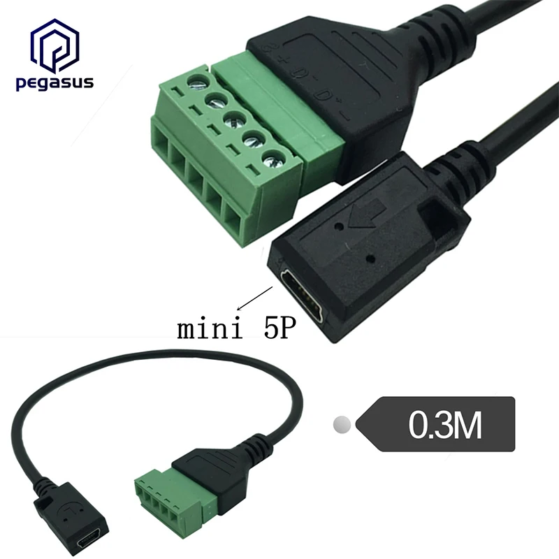 USB 2.0 Mini 5 Pin to 5Pin Way Female Bolt Screw Shield Terminals Pluggable Adapter Cable 30cm