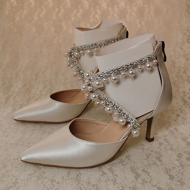 Wedopus Online Shopping Satin Ivory Heel Wedding Shoes Bridal Gladiator Pearl Bride Pumps 7.5CM