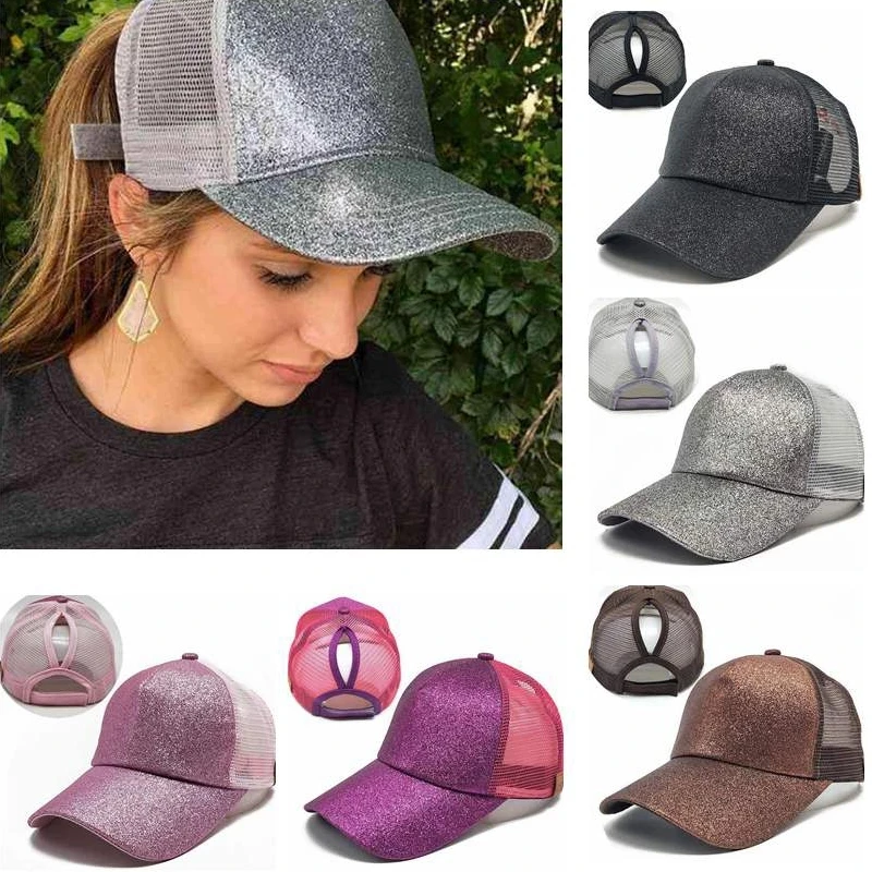 2021 Glitter Women Baseball Cap Ponytail Mesh Snapback Hat Casual Sport Sun Caps Sequins Shining Washed Cotton Adjustable Hats