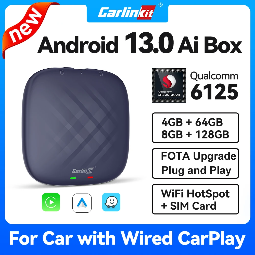 2024 NEW CarlinKit CarPlay Ai Box Qualcomm 6125 8-Core Android 13/11 Wireless Carplay Android Auto Car Video TV Box WiFi SIM