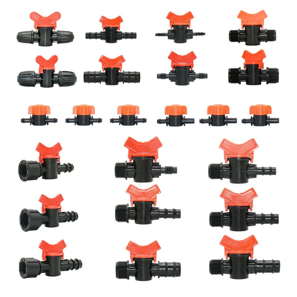 20pcs Drip Irrigation Mini Valve 4/7 3/8/10/12/16/20 /25mm Pipe Garden Tap 1/2" 3/4" Male Thread Water Hose Barb Connector