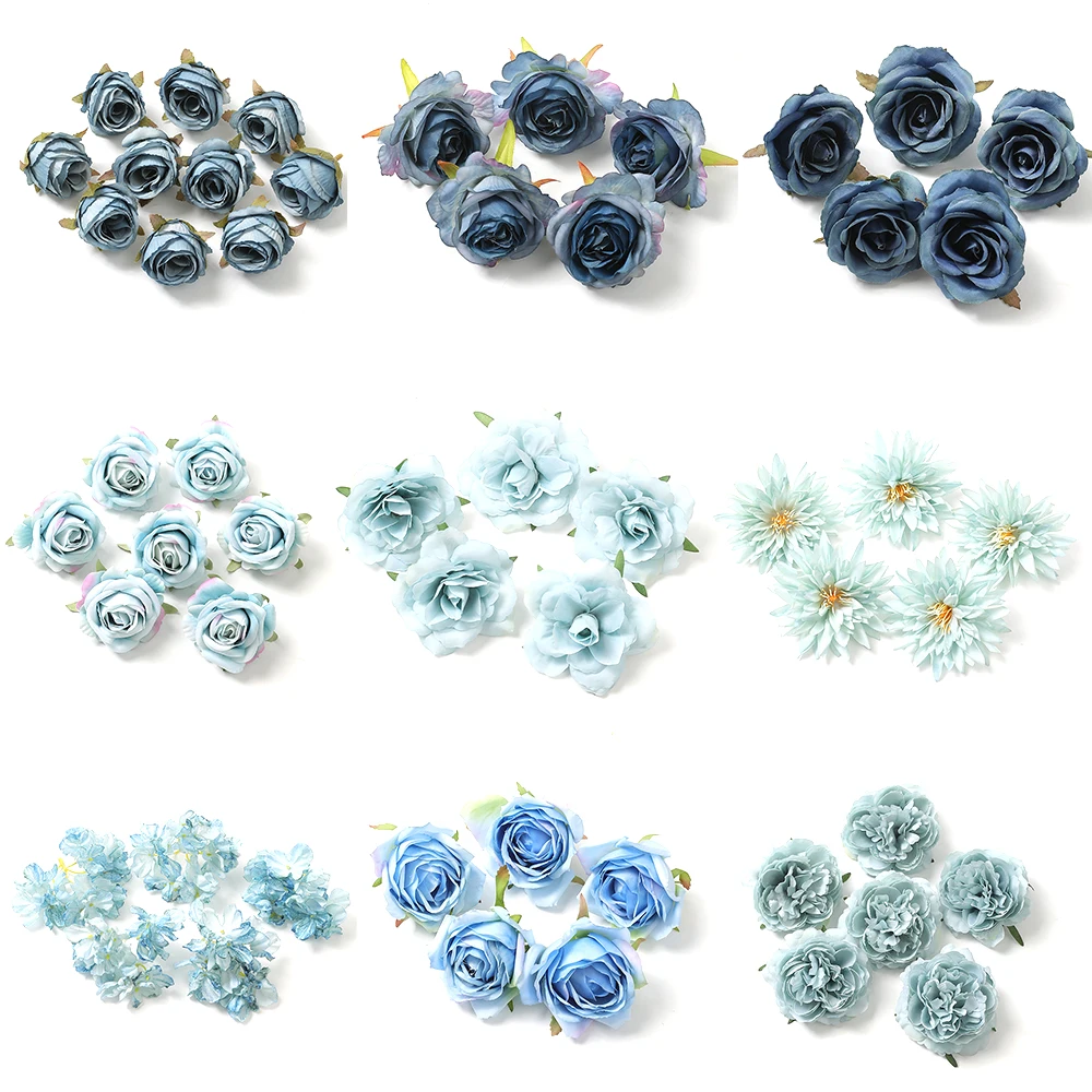 5Pcs Mix Blue Artificial Flowers Head For Wedding Decoration Home Decor DIY Birthday Letters Christmas Wreath Crafts Fake Flower