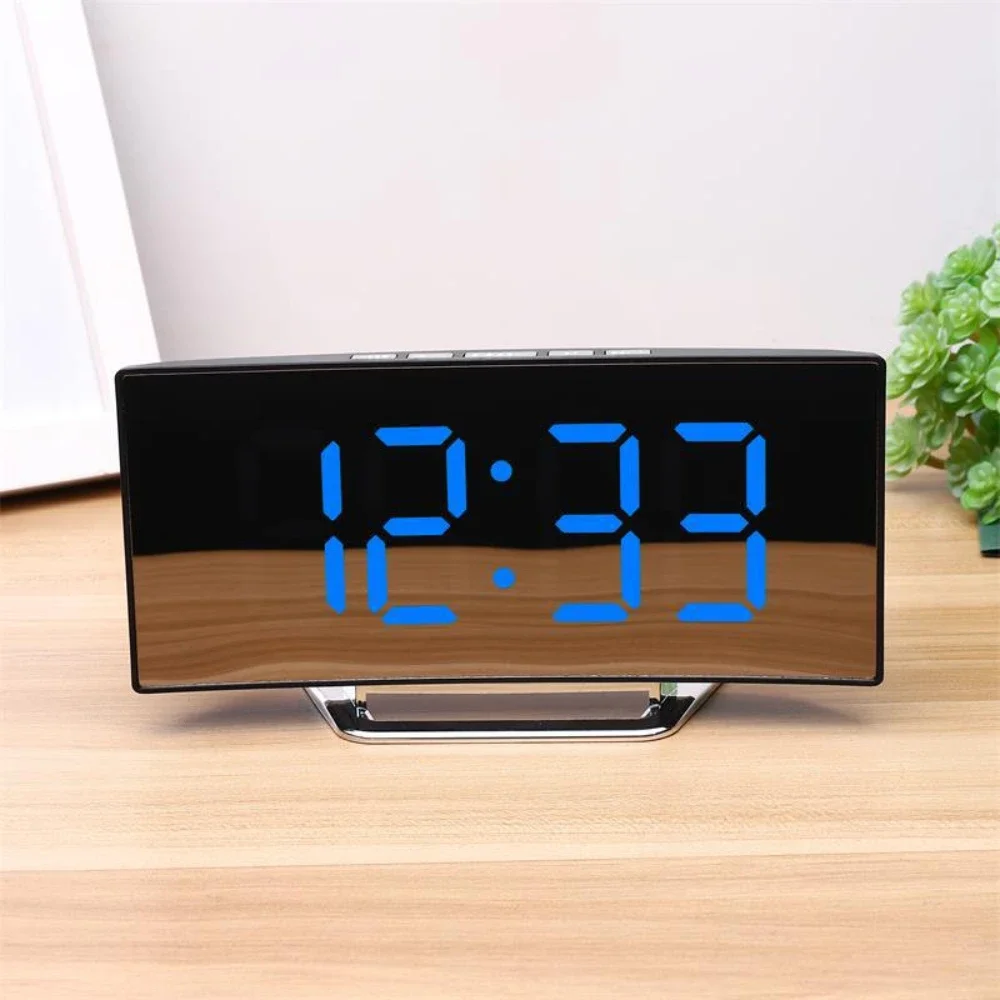 Digital Alarm Clock LED Curved Surface Mirror Electronic Clock Night Mode Snooze Desktop Table Clock for Home Decoration Desks