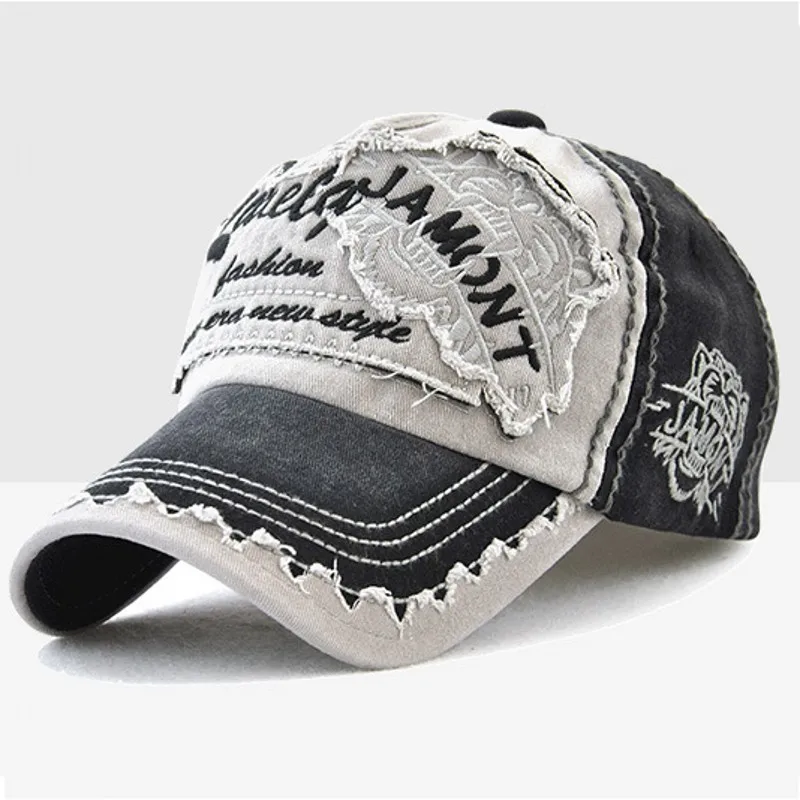 Distressed Washed Cotton Baseball Cap Tiger Embroidered Unstructured Cap Patchwork Contrast Color Stitched Cap Snapback Hat