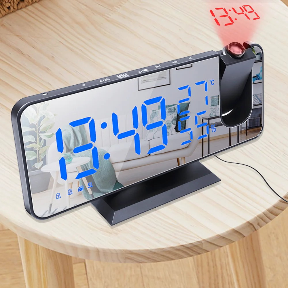 LED Digital Alarm Clock Electronic Projection Clock With FM Radio Snooze Weather Station Calendar Thermometer Projector Function